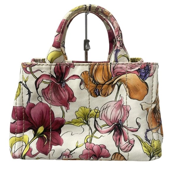 PRADA Canapa - White Pink Multi Canvas Tote Bag 554-050625 - Picture 2 of 9